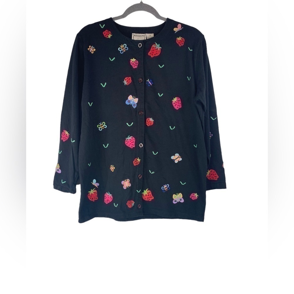Michael Simon Lite Embroidered Beaded Strawberries Black Buttondown Top Size M